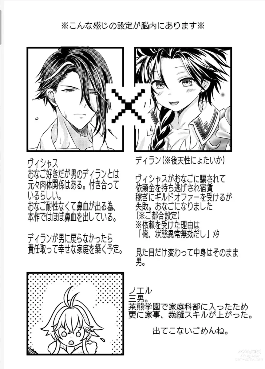 Page 2 of doujinshi Sai Oshi Toujou ni Taerarezu Genjitsu Touhi no Tame Kaita Dylan Nyotaika Hon.