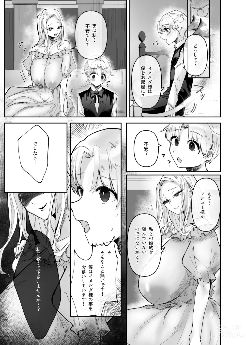 Page 9 of doujinshi Kyojo Otome Game no Tensei Akuyaku Reijou wa Hametsu Flag Kaihi no Tame ni Konyakusha o Okashimasu