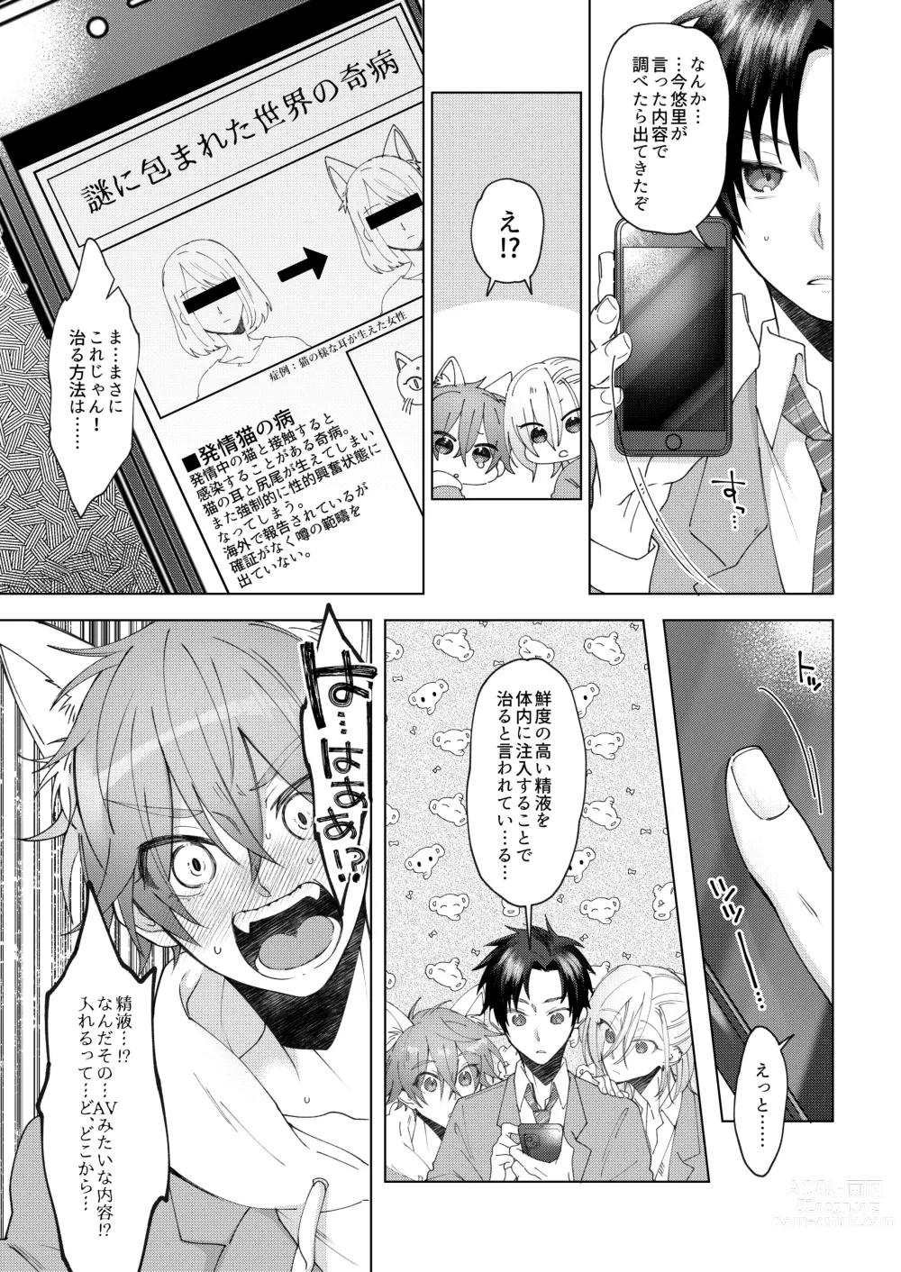 Page 8 of doujinshi Hatsujyouki no Neko no Yamai ni kakatta Ore ha Otokotomodachi Futari ni Nakadashi sarenai to Naoranai rashiku…！？
