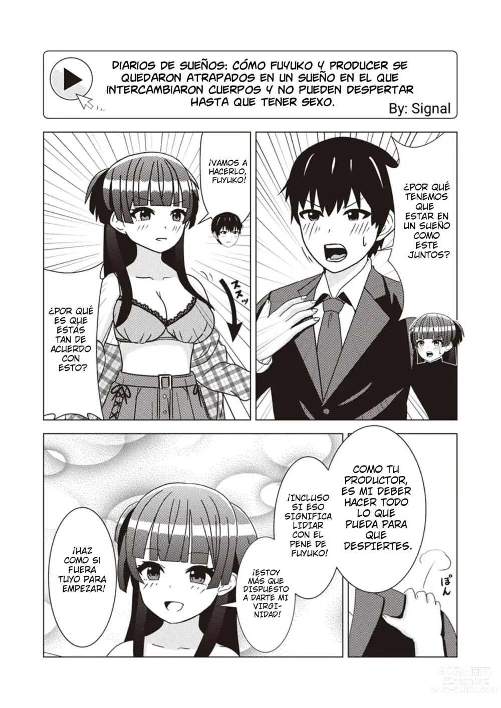 Page 1 of doujinshi Diarios De Sueños: Cómo Fuyuko y Producer se quedaron atrapados en un sueño en el que intercambiaron cuerpos y no pueden despertar hasta que tener sexo