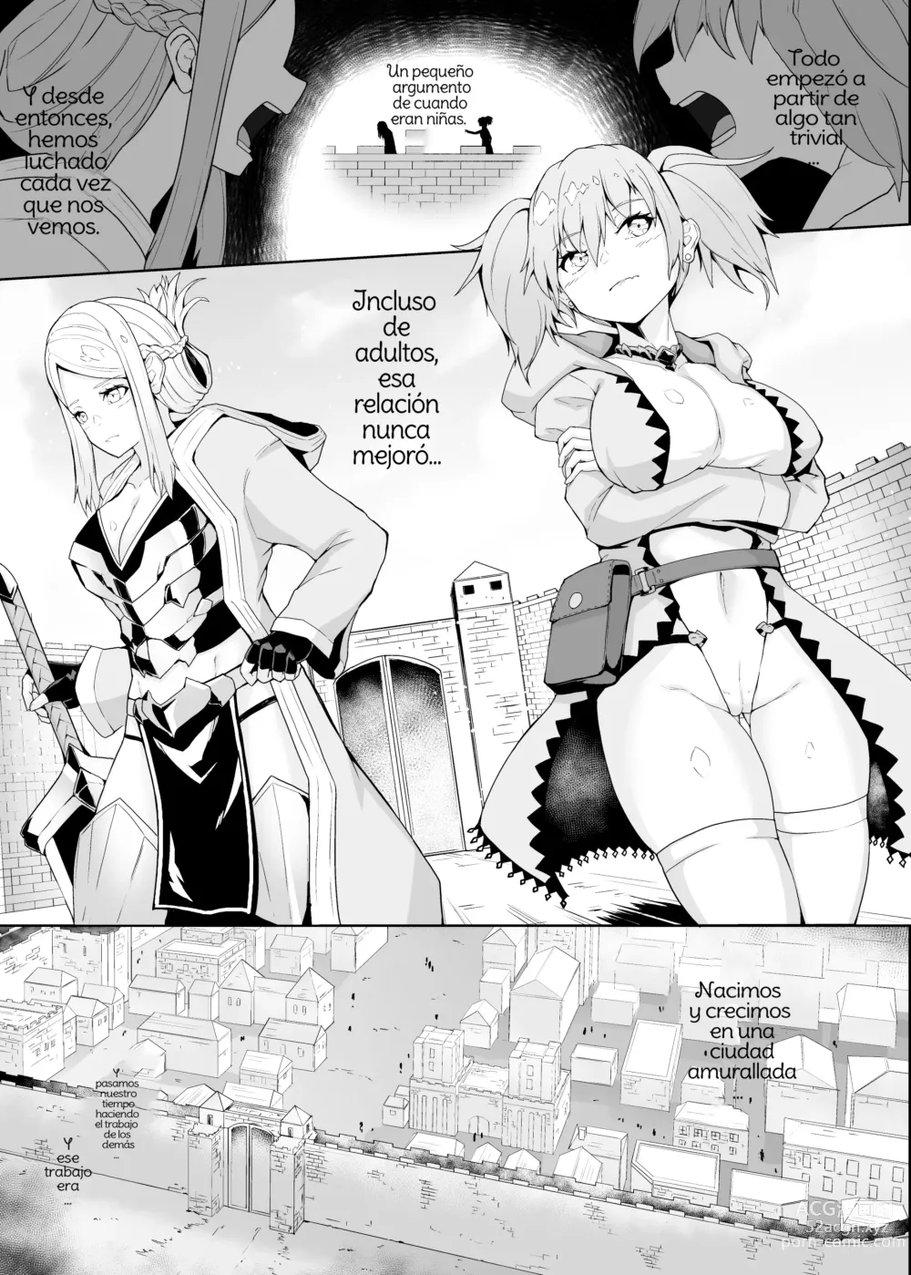 Page 2 of doujinshi Level Drain Futanari Kyousei Sex o Saserarete, Subete o Ushinau Onna Mahoutsukai to Onna Kenshi Spanish