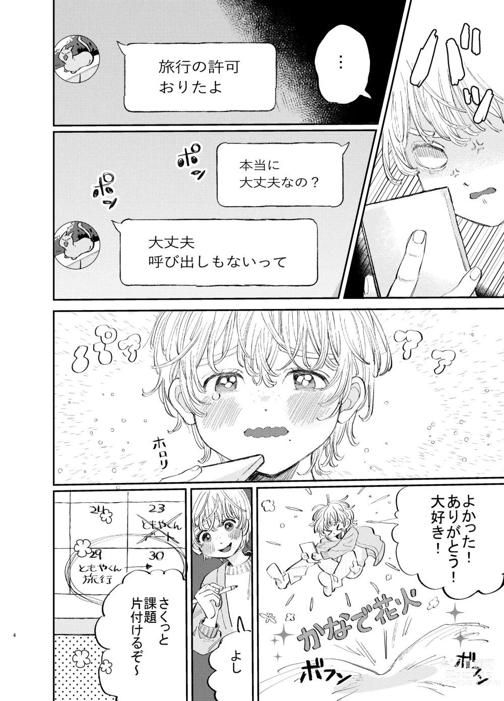 Page 4 of doujinshi Kousai 6-nenme no Icha Love Kyouto Ryokou Kyun Kyun Ryokou to Gobusata Ecchi