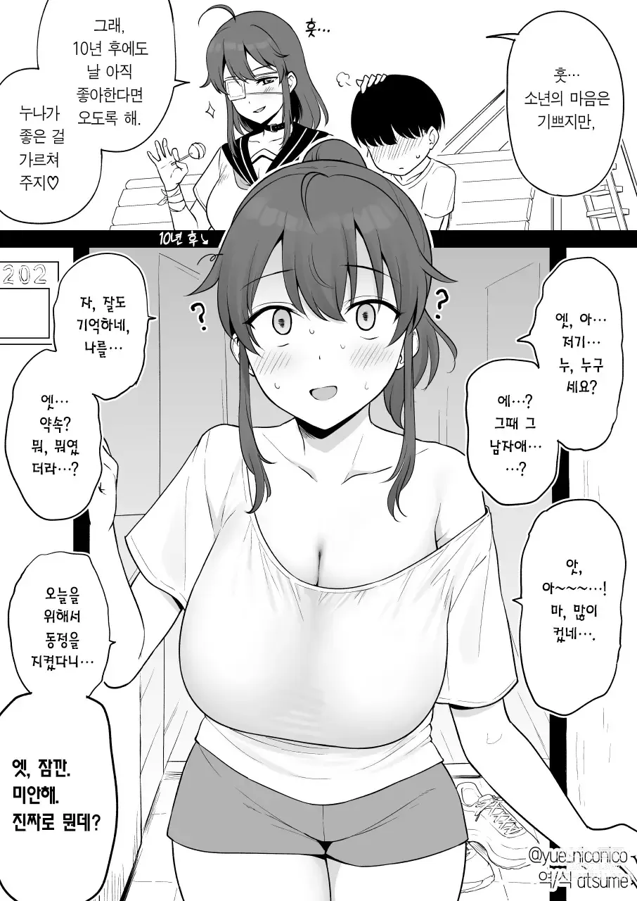 Page 1 of doujinshi Mukashi Yoku Asonde kureta Kinjo no Kakkoii Onee-san ni 10-nen Mae no Yakusoku o Hatashite morai ni Iku Yatsu