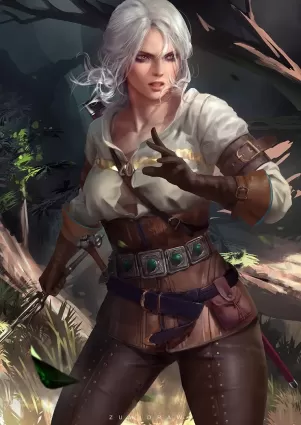 the witcher (series), the witcher 3: wild hunt, the witcher, cirilla fiona elen riannon, zumidraws, 1girl, female, gloves, green eyes, scar, solo, standing, sword, weapon, white hair 