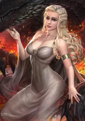 game of thrones, a song of ice and fire, daenerys targaryen, nudtawut thongmai, 1girl, armlet, blonde hair, blue...