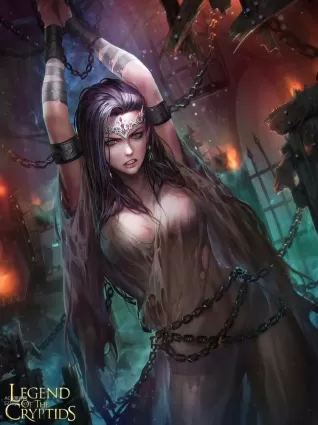 legend of the cryptids, nudtawut thongmai, chain, diadem, earrings, female, jewelry, lingerie, long hair, pantsu, piercing, solo, torn, torn clothes, transparent clothes, underwear 