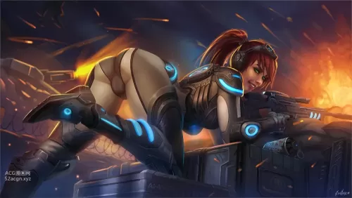 starcraft, sarah kerrigan, evulchibi, 16:9 aspect ratio, 1girl, ass, bodysuit, cameltoe, female, female only, looking at viewer, looking back, skin tight, solo 