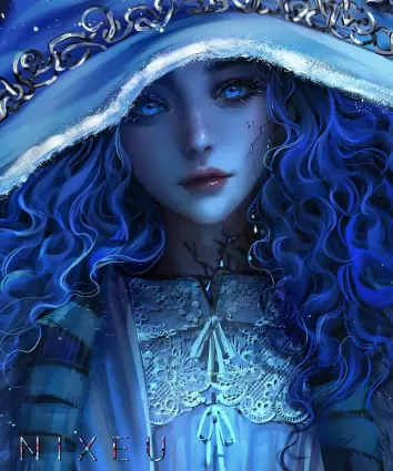 elden ring, ranni the witch, nixeu, high resolution, 1girl, blue eyes, blue hair, blue skin, cloak, clothing, col...