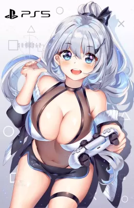 squchan, playstation 5, 1girl, anthropomorphization, blue eyes, breasts, cleavag