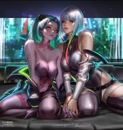 cyberpunk 2077,cyberpunk rebecca,lucy hentai pictures by liang xing about bare_shoulders(肩出し) cleavage(胸の谷間) lips(唇)