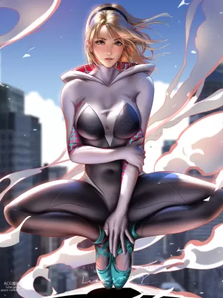 spider-man gwendolyn maxine stacy,spider-gwen doujin pictures by liang xing about blurry(ぼやけている) building(建物) city(都市)