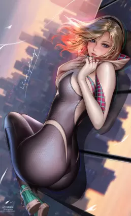 spider-man,spider-man: into the spider-verse,spider-man: across the spider-verse gwendolyn maxine stacy,spider-gwen doujin pictures by liang xing about spider-man_%28series%29(スパイダーマン（シリーズ）) medium_hair(ミディアムヘア) parted_lips(別れた唇)