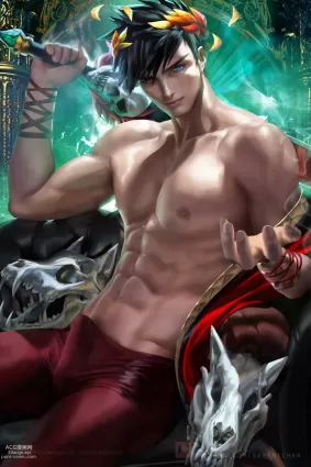 hades zagreus hentai pictures by sakimichan about blue_eyes(青い目) male_only(男性のみ) muscle(筋肉)
