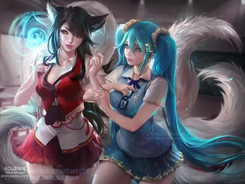 league of legends ahri,sona porn pictures by sakimichan about fluffy_tail(ふわふわした尻尾) indoors(室内) necktie(ネクタイ)