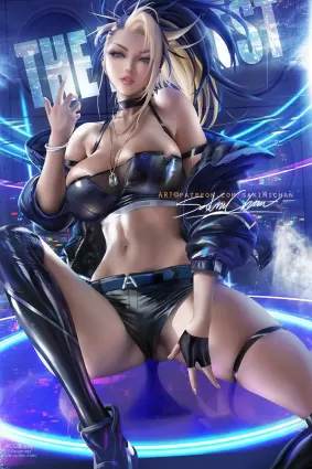 league of legends,k/da series k/da,akali,k/da akali doujin pictures by sakimichan about breasts(乳) cleavage(胸の谷間) looking_at_viewer(カメラ目線)