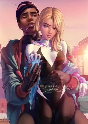 spider-man,spider-man: into the spider-verse spider-man,gwendolyn maxine stacy,spider-gwen,miles morales doujin pictures by sakimichan about marvel(マーベル) spider-man%3A_into_the_spider-verse(スパイダーマン：スパイダーバース) male(男性)