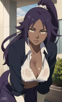 AI generated bleach shihouin yoruichi porn pictures by doniai about looking_at_viewer(カメラ目線) purple_hair(紫髪)