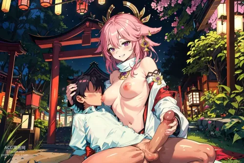 AI generated genshin impact yae miko hentai pictures by lominai about breasts(乳) outdoors(屋外)