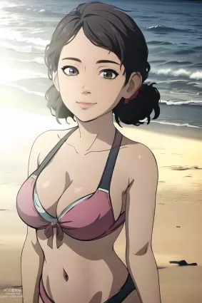 AI generated the walking dead clementine doujin pictures about bikini(ビキニ) smile(笑顔)