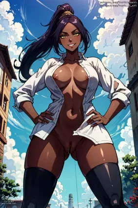 AI generated bleach shihouin yoruichi doujin pictures by vertilo about 1girl(女性一人) nipples(乳首)