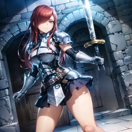 AI generated fairy tail erza scarlet doujin pictures by habsen about closed_mouth(閉じた口) red_hair(赤毛)