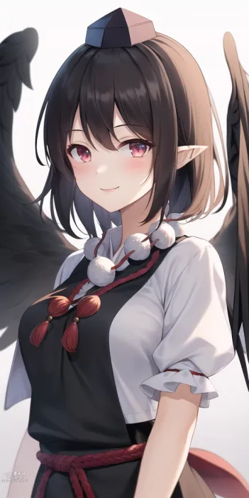 AI generated touhou project shameimaru aya doujin pictures about black_wings(黒い翼) feathered_wings(羽の生えた翼)