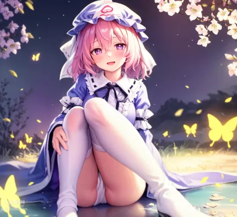 AI generated touhou project saigyouji yuyuko porn pictures about night_sky(夜空) pink_hair(ピンクの髪)