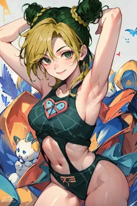 AI created jojo's bizarre adventure,part 6: stone ocean jolyne cujoh doujin pictures by asari ai art about arms_behind_head(頭の後ろに腕) one-piece_swimsuit(ワンピース水着)