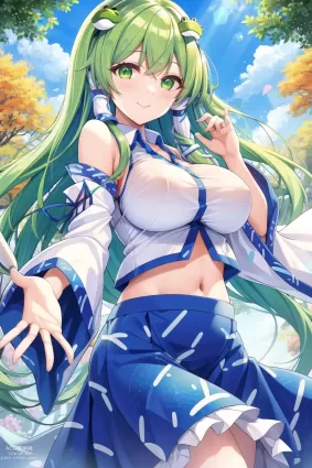 AI generated touhou project kochiya sanae doujin pictures about midriff(上腹部) snake_hair_ornament(蛇髪飾り)