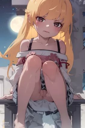 AI generated monogatari oshino shinobu doujin pictures by roirasu about bangs(前髪) brown_eyes(茶色の瞳)